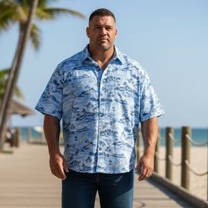 Izod Mens Saltwater Hawaiian Button-Down 4XB Blue Scenic Print 100% Cotton Shirt